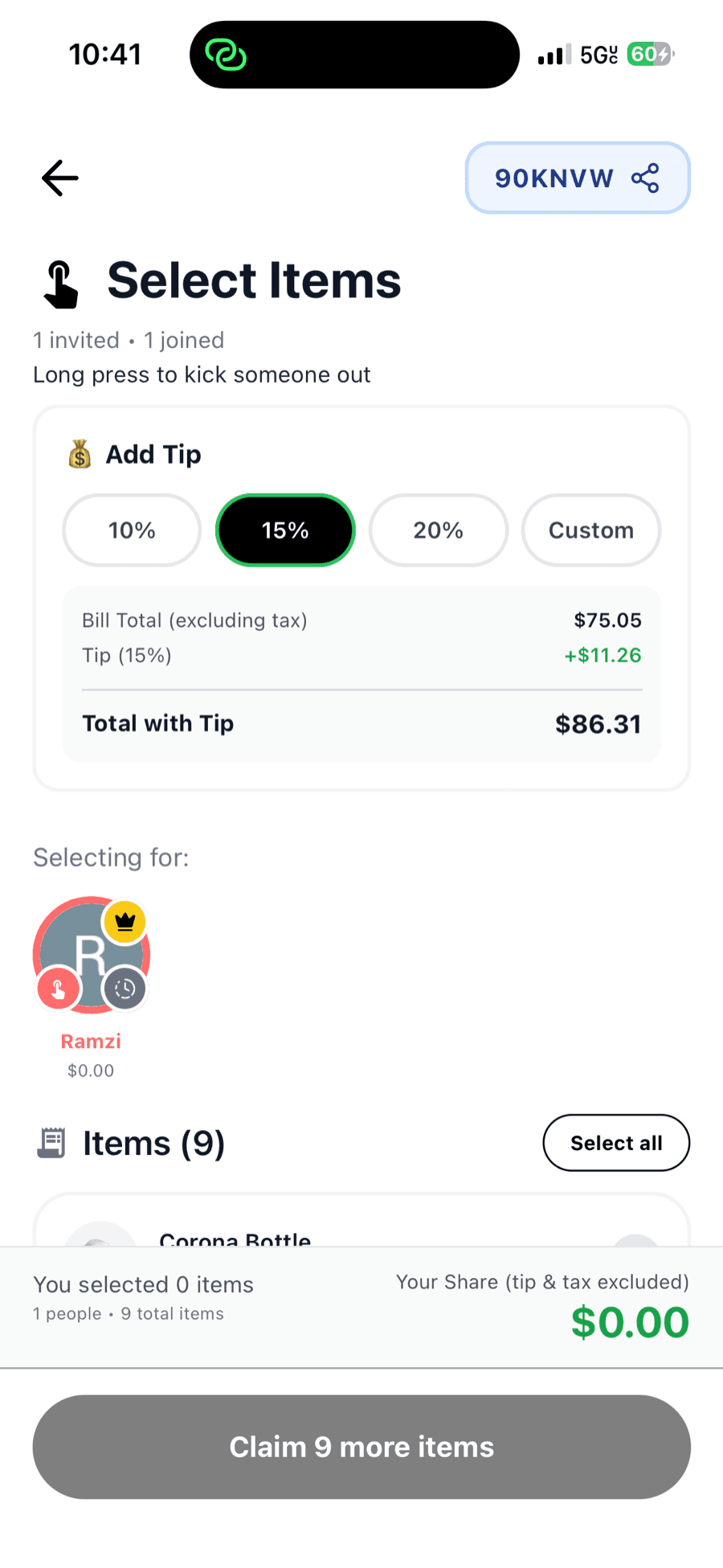 Select Items & Tip